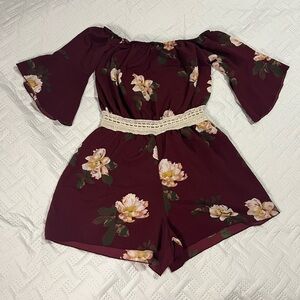 Floral Off-Shoulder Romper- Burgundy